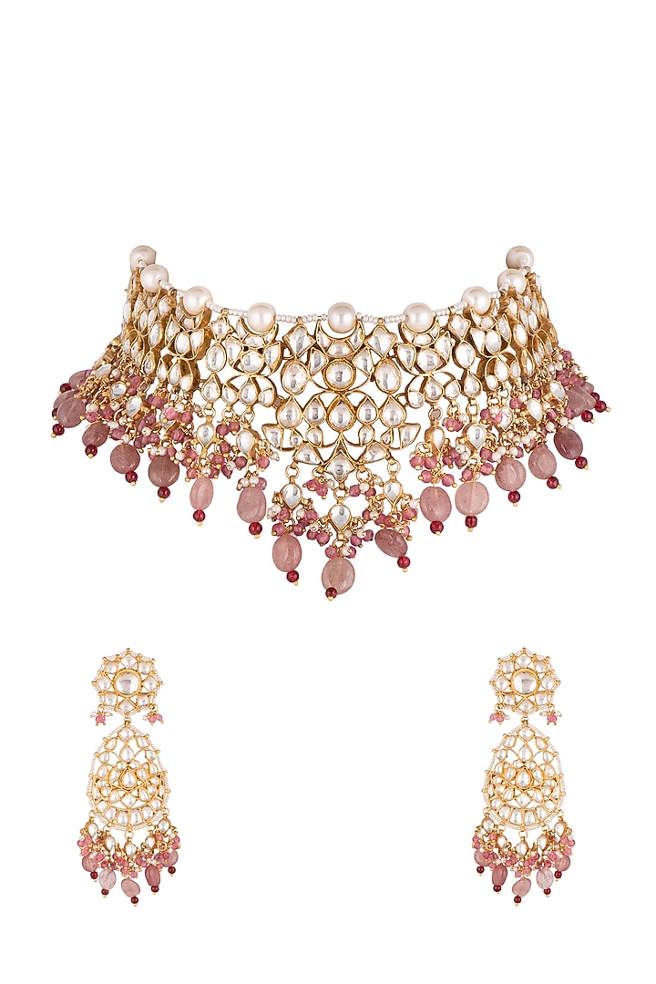 Gold Plated Pink Beads Necklace Set by Riana Jewellery at Pernia's Pop Up Shop