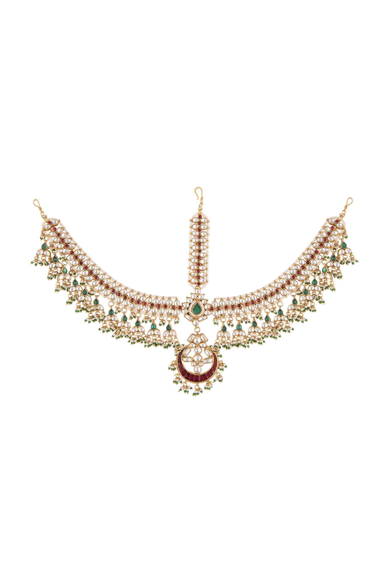 Gold Plated Pearl & Emerald Matha Patti by Riana Jewellery