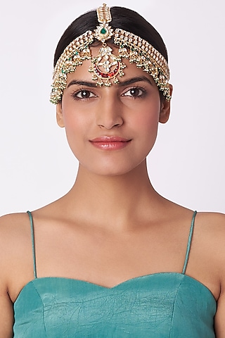 Gold Plated Pearl & Emerald Matha Patti by Riana Jewellery