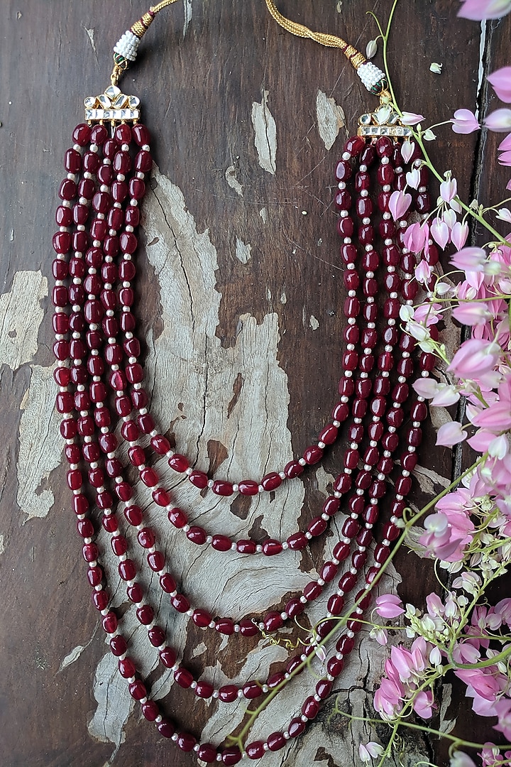 Gold Plated Pearl & Ruby Layered Mala by Riana Jewellery Men