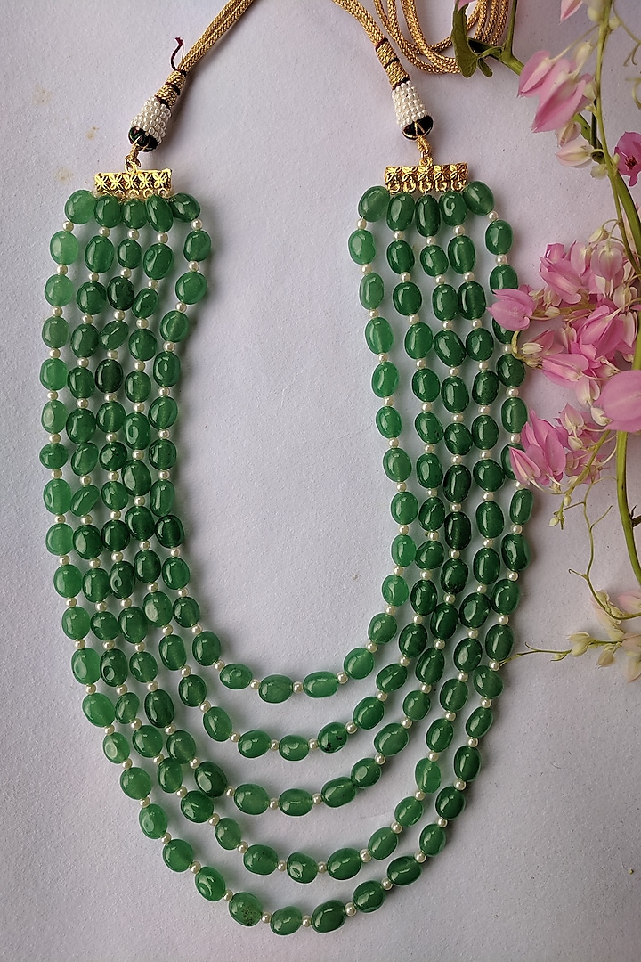 Gold Plated Pearl & Sea Green Bead Layered Mala by Riana Jewellery Men