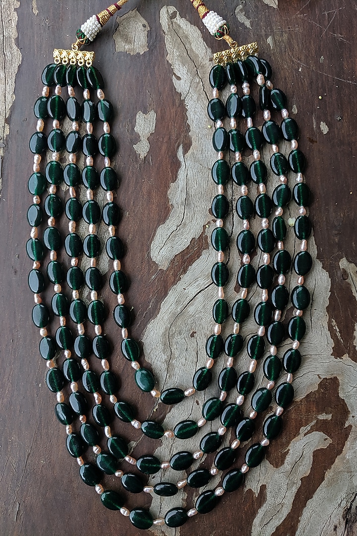Gold Plated Pearl & Emerald Layered Mala by Riana Jewellery Men