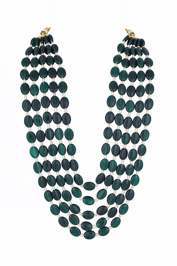 Gold Plated Pearl & Emerald Layered Mala by Riana Jewellery Men at Pernia's Pop Up Shop