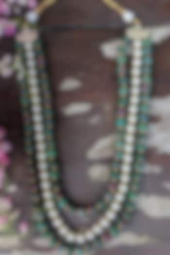 Gold Plated White & Green Pearl Layered Mala by Riana Jewellery Men
