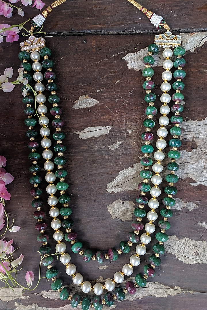 Gold Plated White & Green Pearl Layered Mala by Riana Jewellery Men
