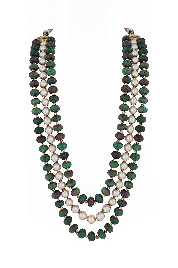 Gold Plated White & Green Pearl Layered Mala by Riana Jewellery Men at Pernia's Pop Up Shop