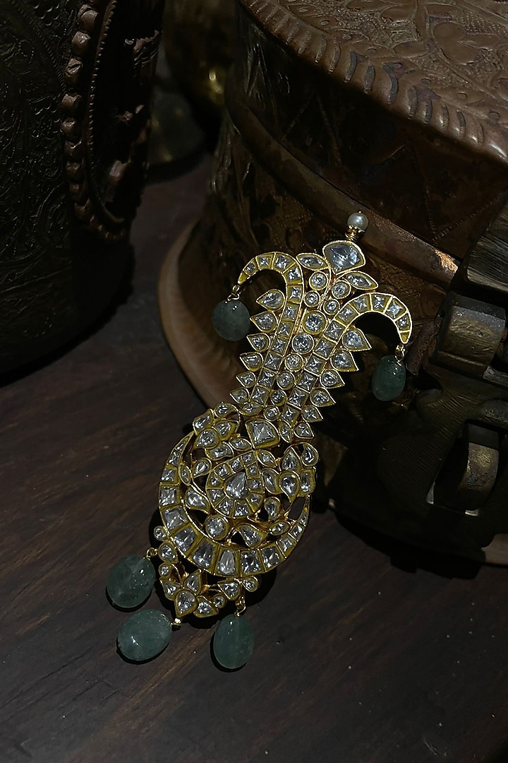 Gold Plated Sea Green Beads & White Jadtar Kilangi by Riana Jewellery Men