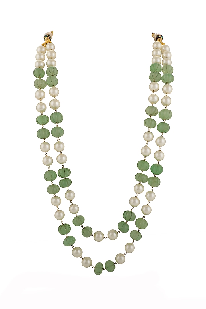 Gold Plated Sea Green Beads & Pearl Layered Mala by Riana Jewellery Men