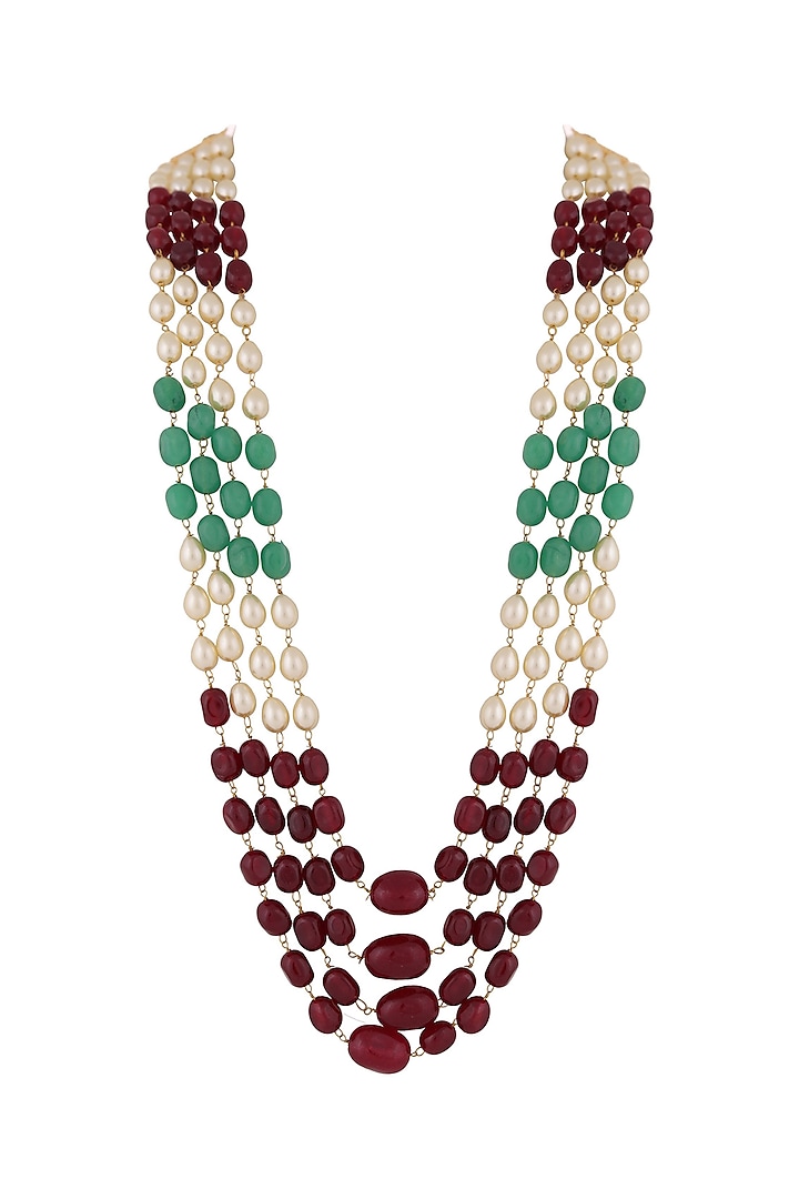 Gold Finish Pearl & Semi Precious Jade Stone?Mala by Riana Jewellery Men