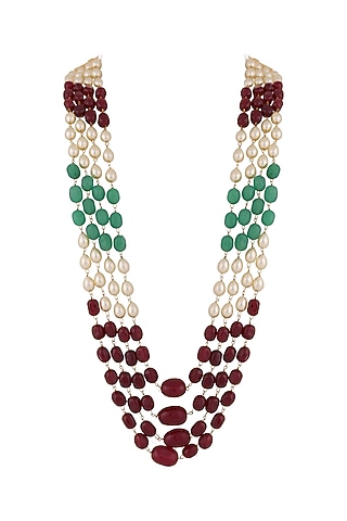 Gold Finish Pearl & Semi Precious Jade Stone?Mala by Riana Jewellery Men