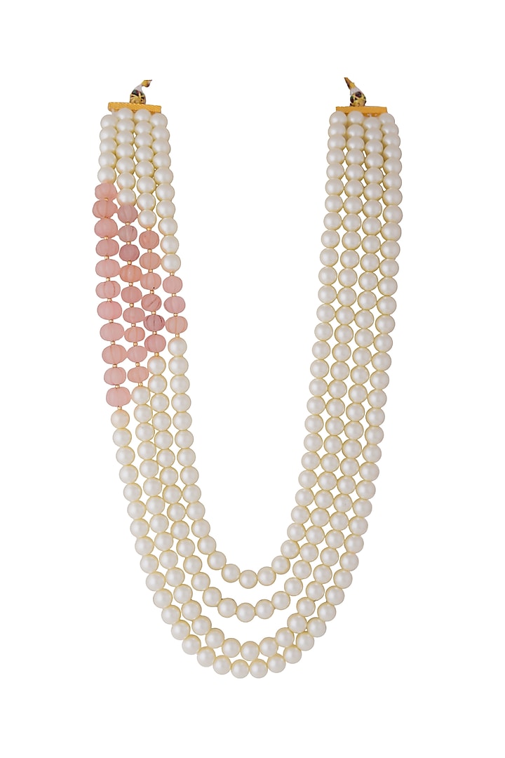 Gold Finish Pearl & Light Pink Stone Mala by Riana Jewellery Men