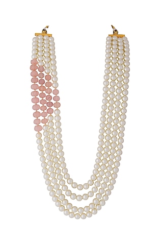 Gold Finish Pearl & Light Pink Stone Mala by Riana Jewellery Men