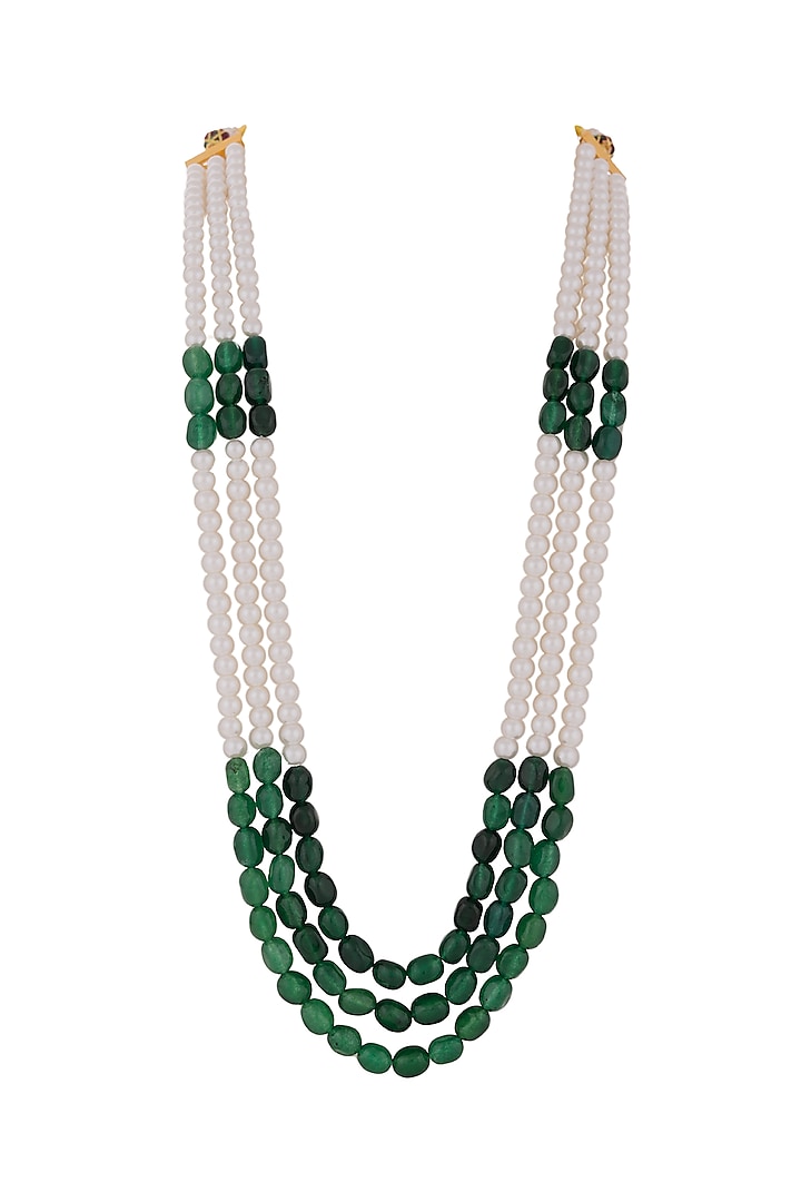 Gold Finish Pearl & Emerald Green Stone Layered Mala by Riana Jewellery Men