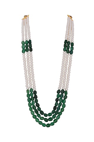 Gold Finish Pearl & Emerald Green Stone Layered Mala by Riana Jewellery Men