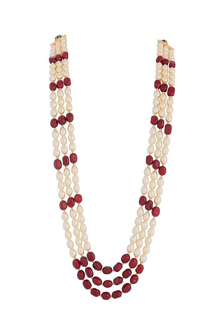 Gold Finish Pearl & Red Stone Mala by Riana Jewellery Men