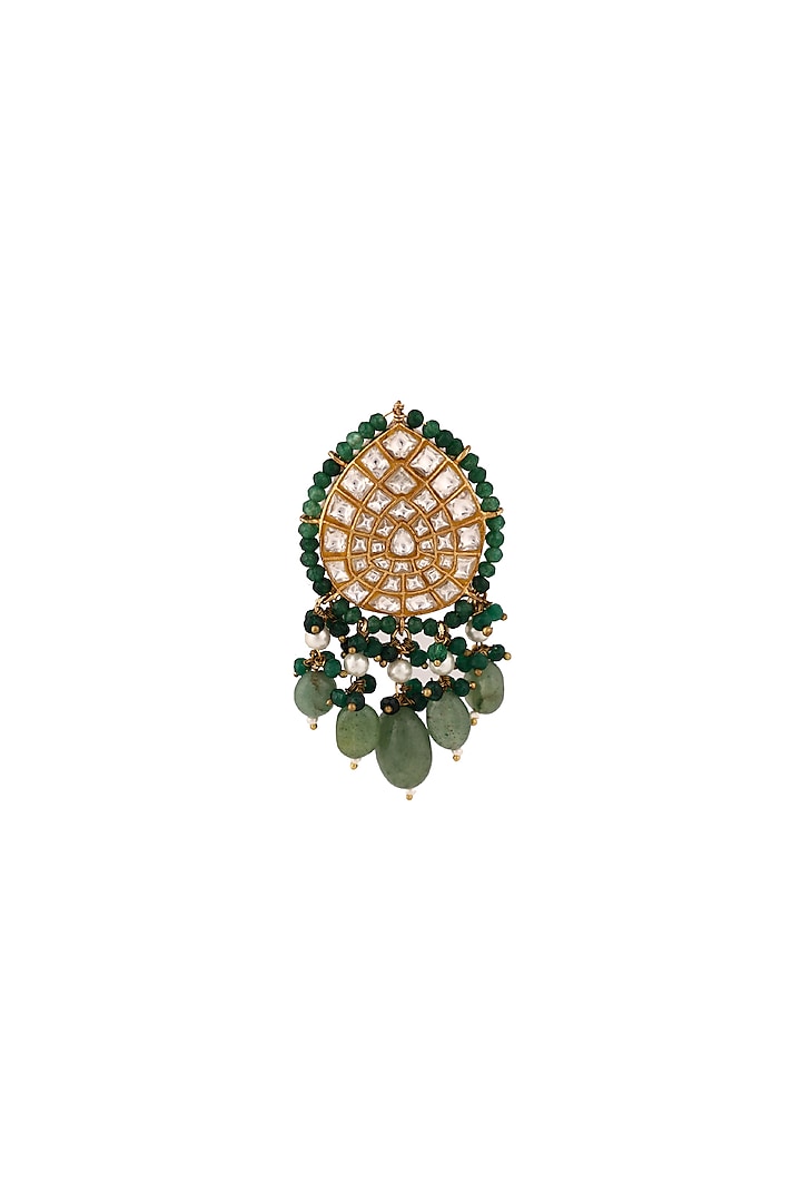 Matte Gold Plated Sea Green & Dark Green Jadtar Stone Brooch by Riana Jewellery Men at Pernia's Pop Up Shop