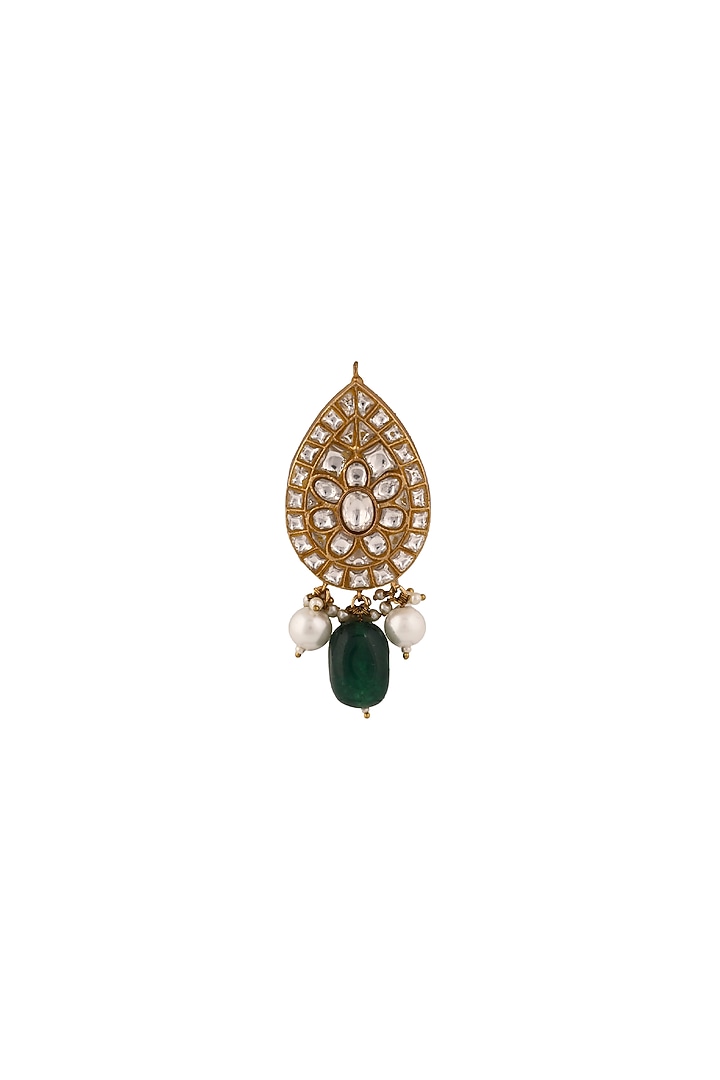 Matte Gold Plated Green Bead & White Jadtar Stone Brooch by Riana Jewellery Men at Pernia's Pop Up Shop