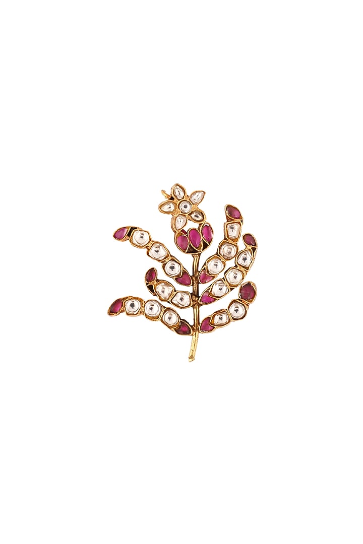 Matte Gold Plated Pink & White Jadtar Stone Leaf Brooch by Riana Jewellery Men at Pernia's Pop Up Shop