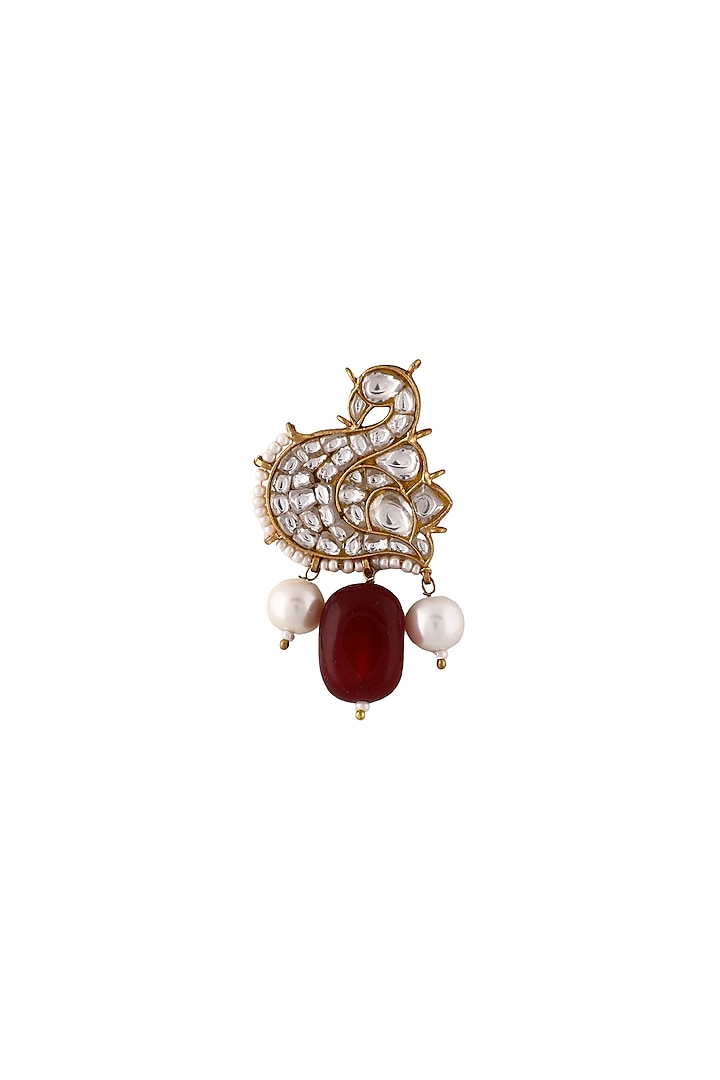 Matte Gold Plated Red & White Pearl Peacock Brooch by Riana Jewellery Men at Pernia's Pop Up Shop
