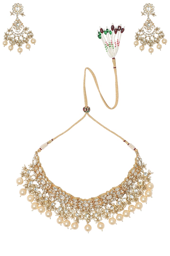 Gold Plated Kundan Stones and Pearl Choker Necklace with Earrings and Maangtika by Riana Jewellery