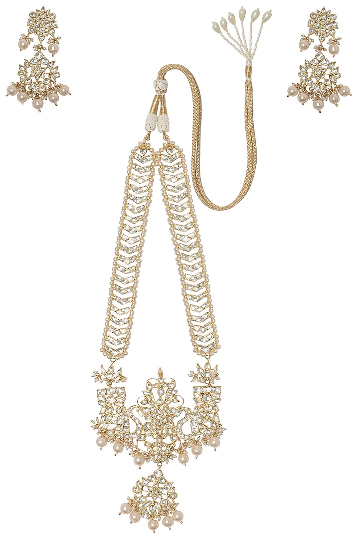 Gold plated kundan and pearls long necklace with earrings available only at Pernia's Pop Up Shop.
