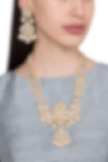Gold Plated Kundan and Pearls Long Necklace with Earrings by Riana Jewellery