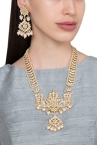 Gold Plated Kundan and Pearls Long Necklace with Earrings by Riana Jewellery