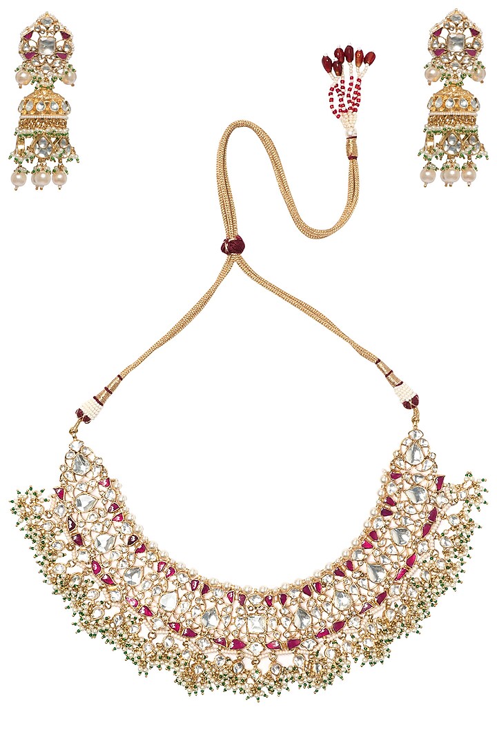 Gold plated pink and white semi precious stones choker necklace with jhumki earrings available only at Pernia's Pop Up Shop.