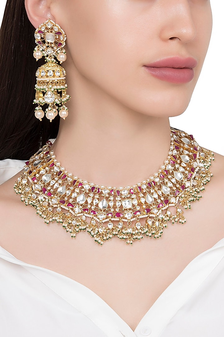Gold plated pink and white semi precious stones choker necklace with jhumki earrings available only at Pernia's Pop Up Shop.