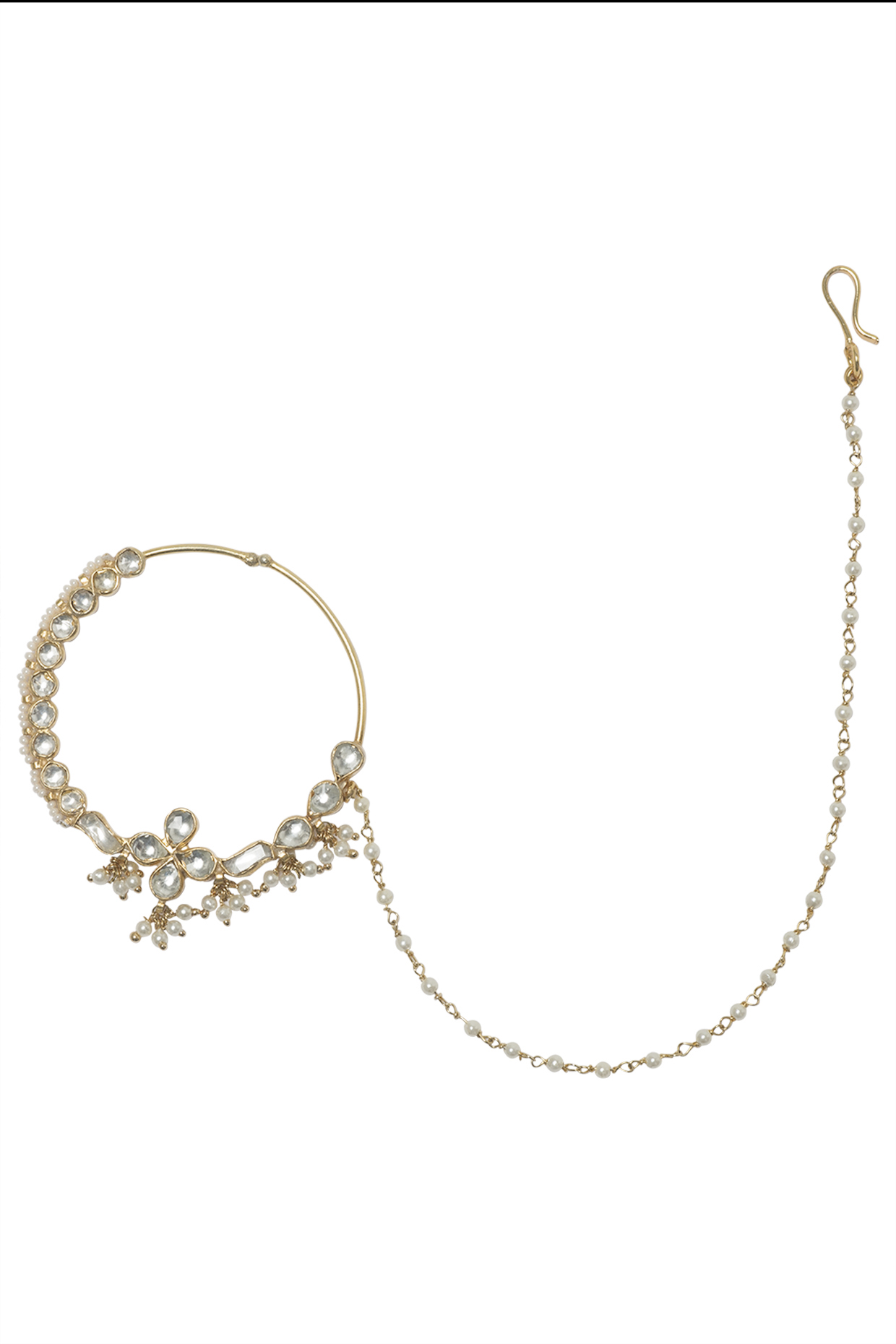 Gold Plated Floral Kundan and Pearls Nose Ring by Riana Jewellery