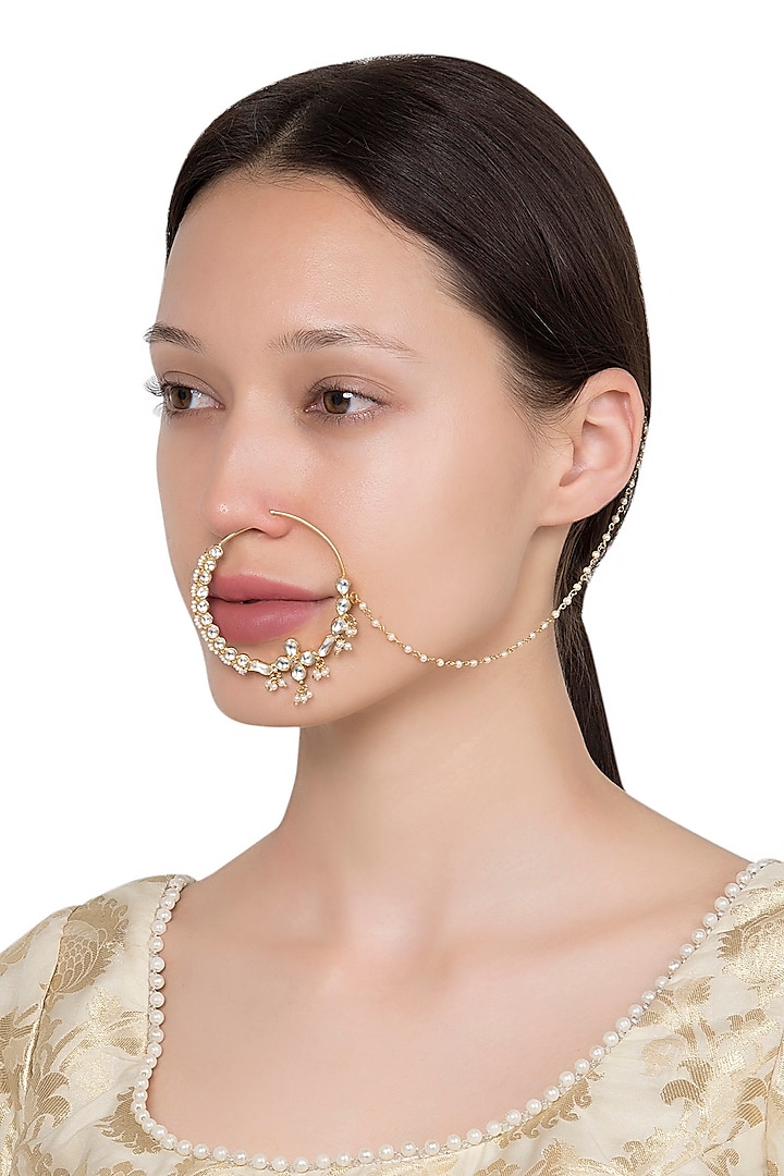 Gold Plated Floral Kundan and Pearls Nose Ring by Riana Jewellery
