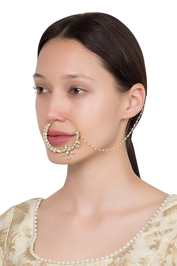 Gold plated floral kundan and pearls nose ring available only at Pernia's Pop Up Shop.