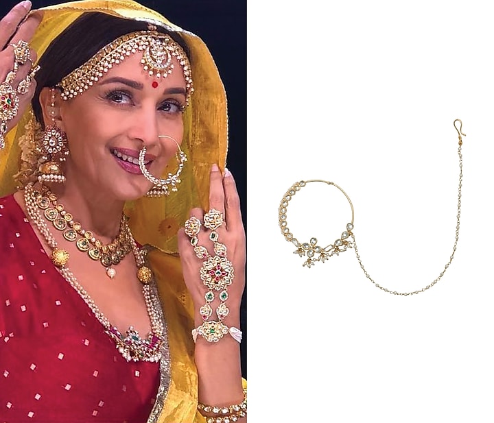 Gold plated floral kundan and pearls nose ring available only at Pernia's Pop Up Shop.