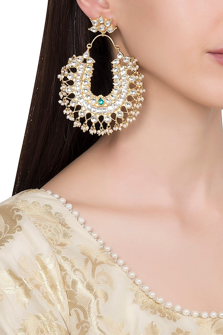 Gold Plated Kundan Stone and Pearl Bunch Earrings by Riana Jewellery
