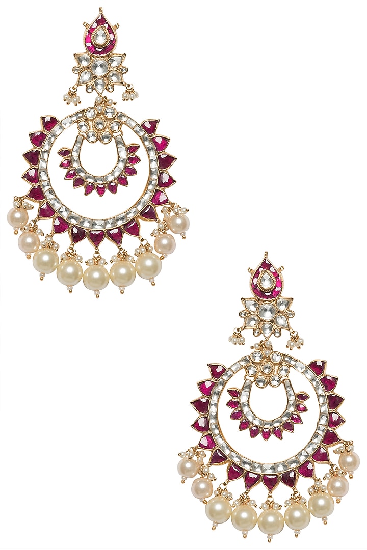 Gold plated white and pink kundan stone and pearl chandbali earrings available only at Pernia's Pop Up Shop.