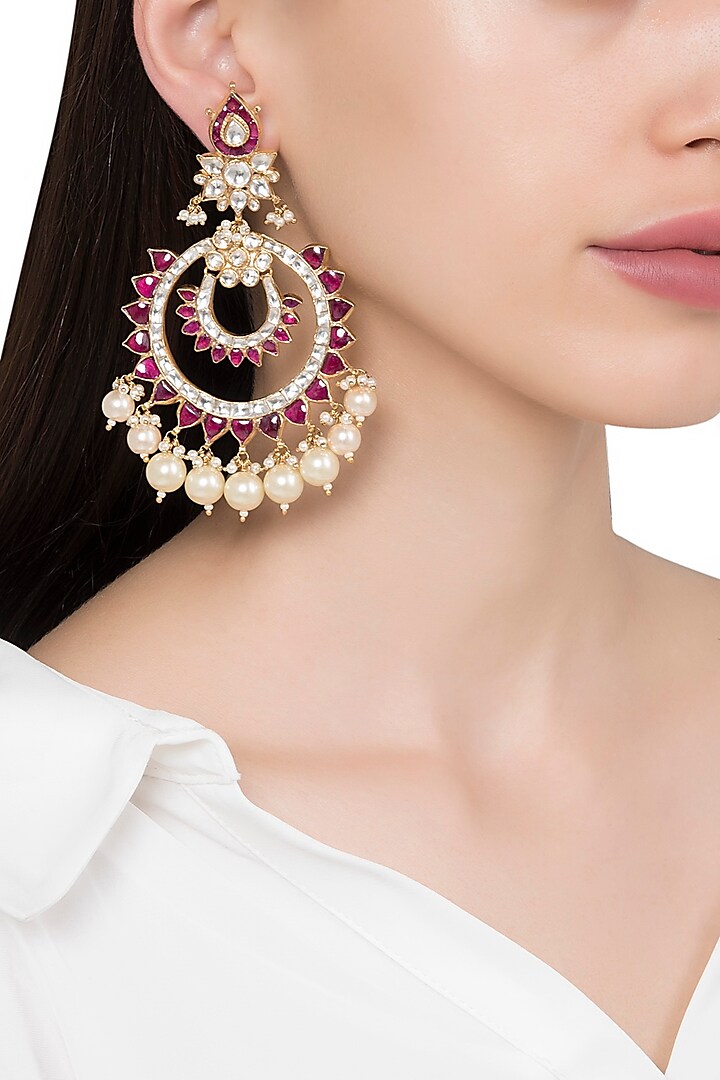 Gold Plated White and Pink Kundan Stone and Pearl Chandbali Earrings by Riana Jewellery