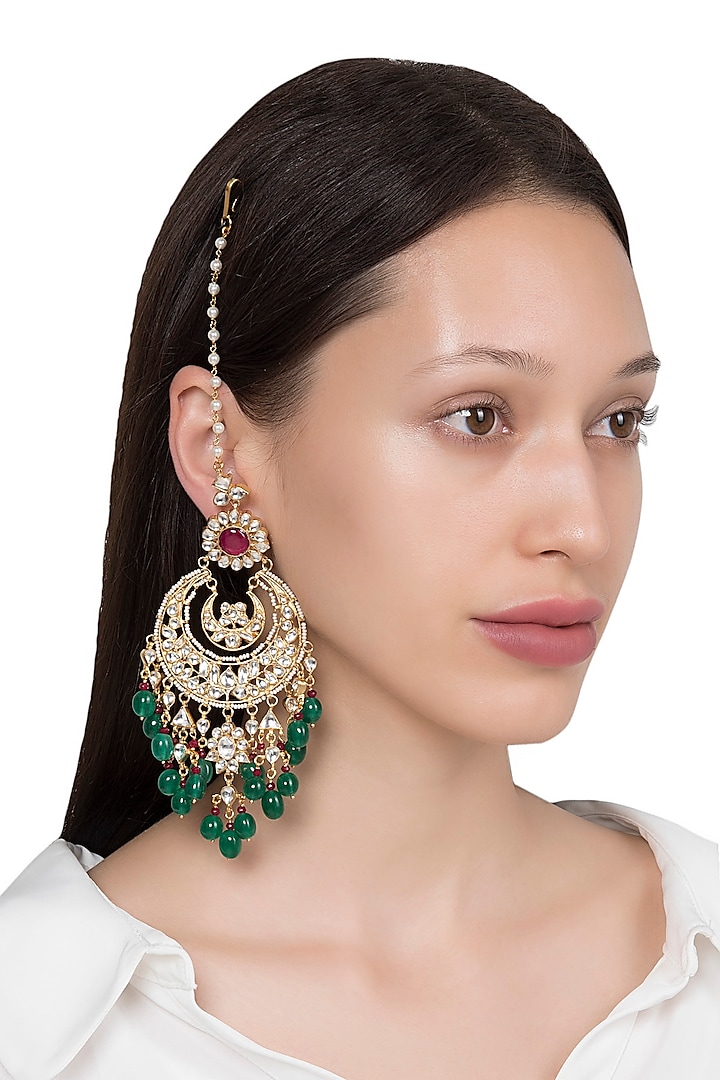 Gold Plated Kundan Stone and Pearl Earrings by Riana Jewellery