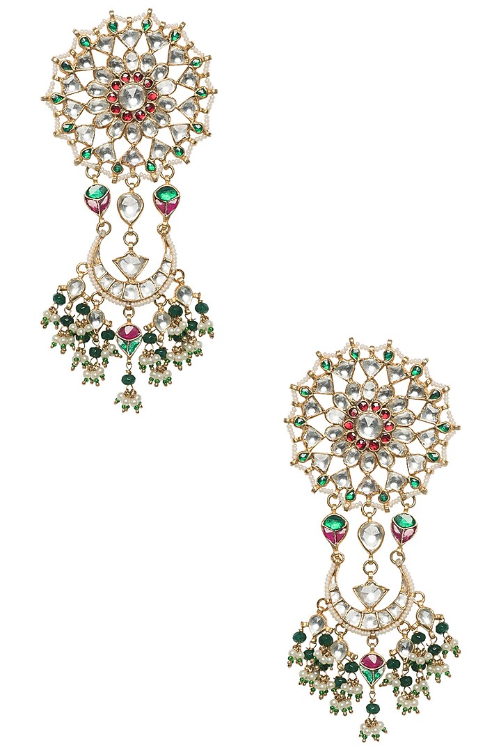 Gold plated kundan stone and white and green pearl earrings available only at Pernia's Pop Up Shop.