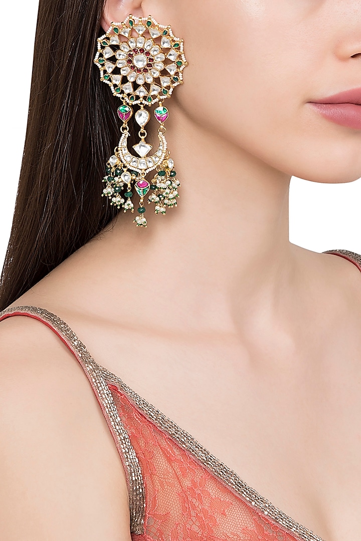 Gold Plated Kundan Stone and White and Green Pearl Earrings by Riana Jewellery