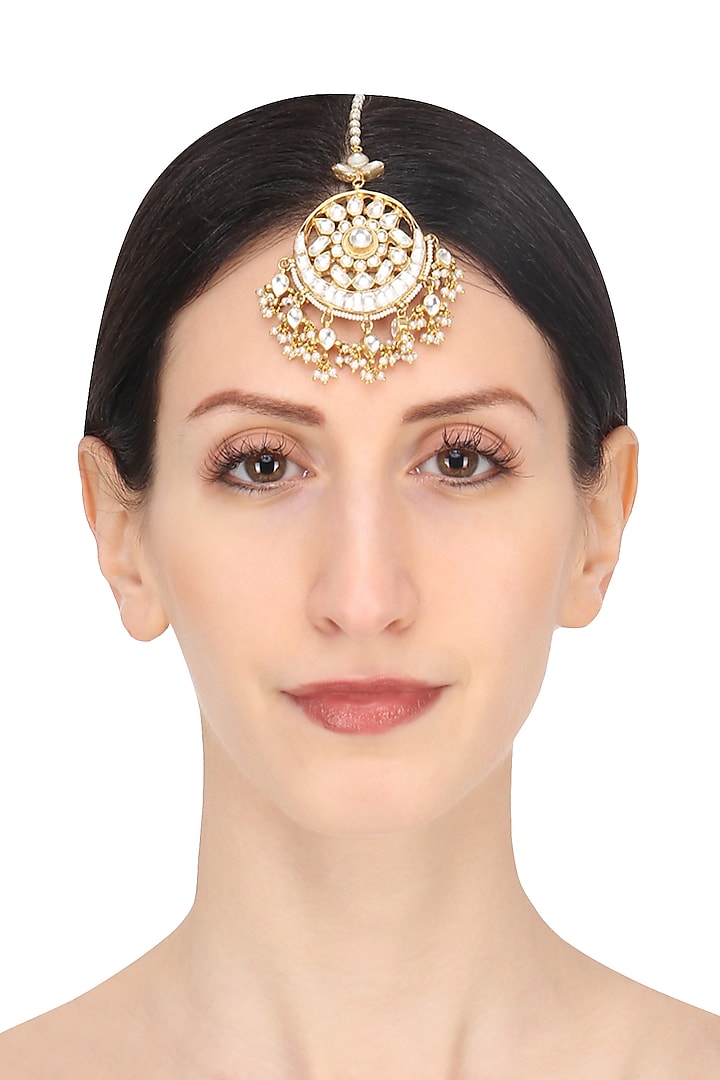 Gold Plated White Jadtar Stone Crescent Maang Tikka by Riana Jewellery