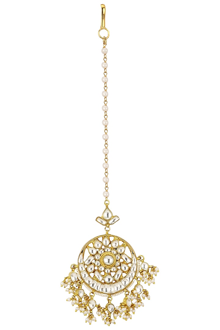 Riana Jewellery presents Gold plated white jadtar stone crescent maang tikka available only at Pernia's Pop Up Shop.