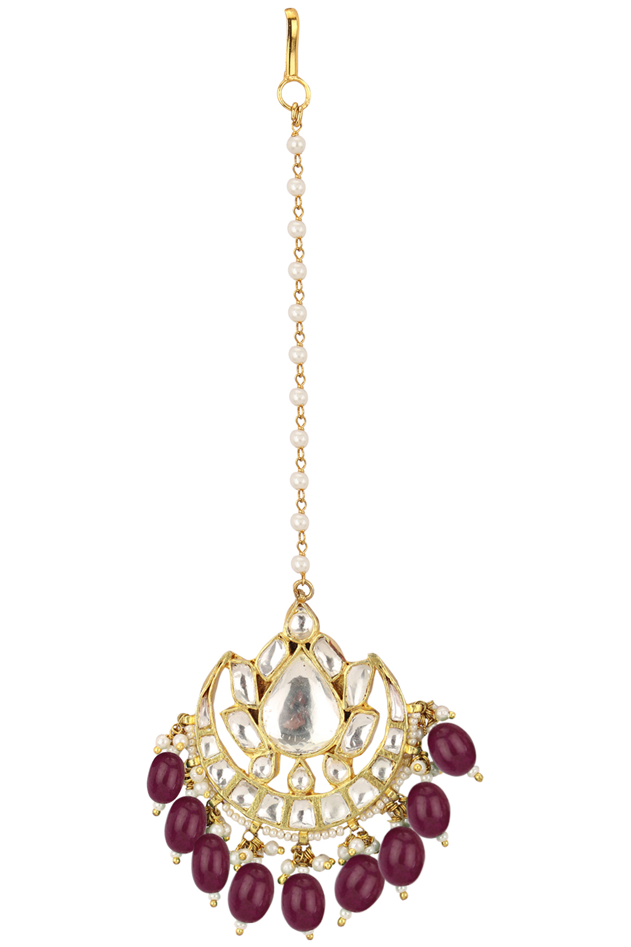 Gold Plated Pink Stone Maang Tikka by Riana Jewellery