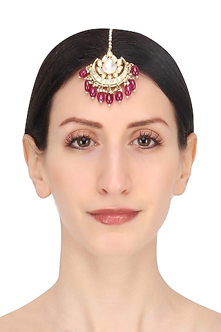 Gold Plated Pink Stone Maang Tikka by Riana Jewellery