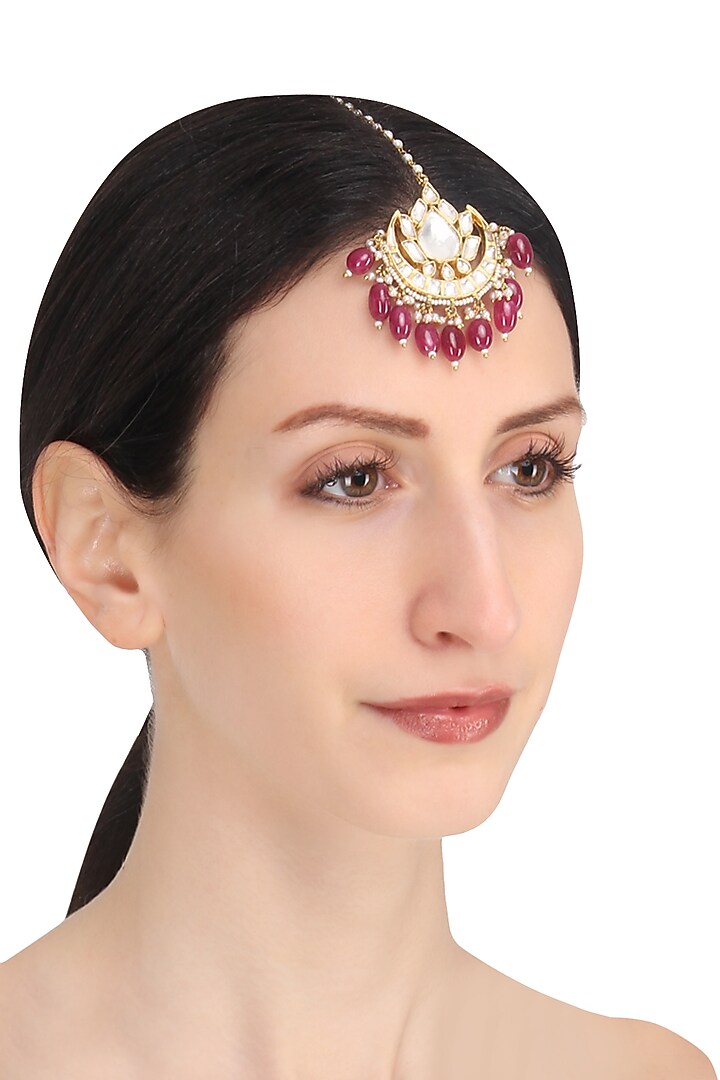 Riana Jewellery presents Gold plated pink stone maang tikka available only at Pernia's Pop Up Shop.