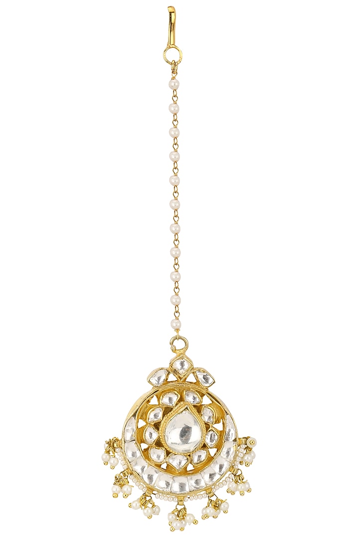 Riana Jewellery presents Gold plated white jadtar stone and pearl crescent maang tikka available only at Pernia's Pop Up Shop.