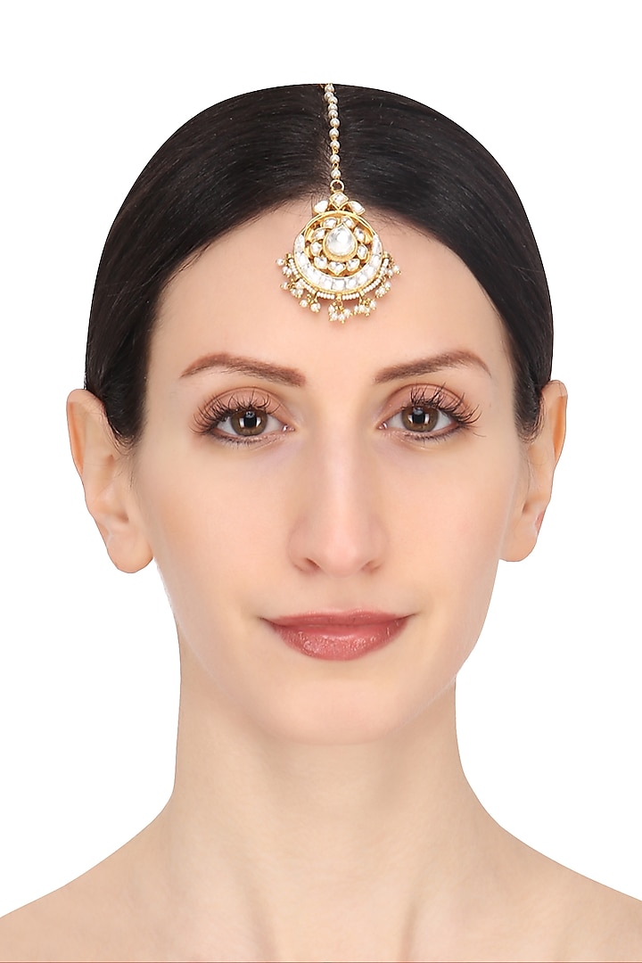 Gold Plated White Jadtar Stone and Pearl Crescent Maang Tikka by Riana Jewellery