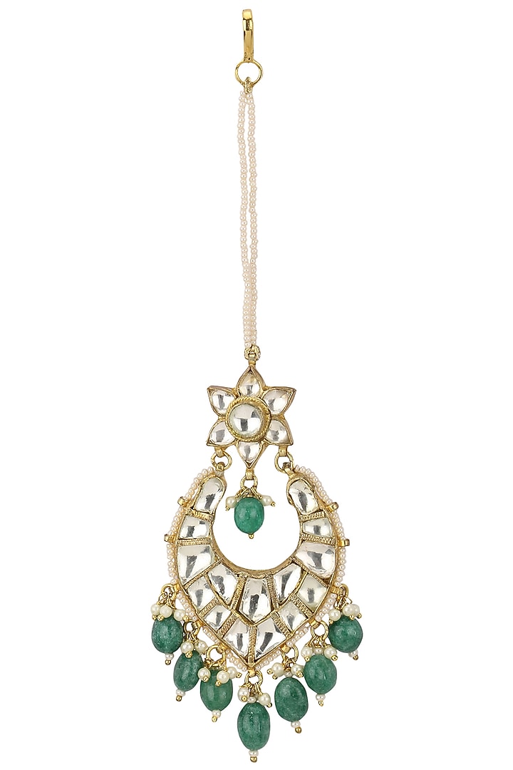 Riana Jewellery presents Gold plated white and green stone maang tikka available only at Pernia's Pop Up Shop.