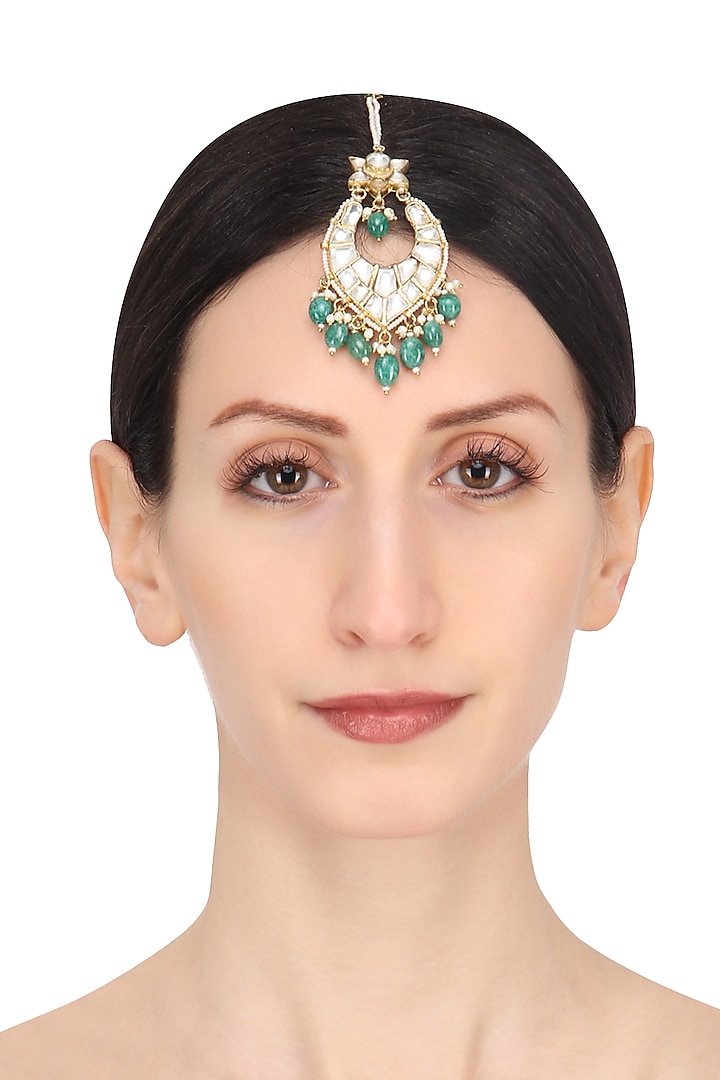 Gold Plated White and Green Stone Maang Tikka by Riana Jewellery