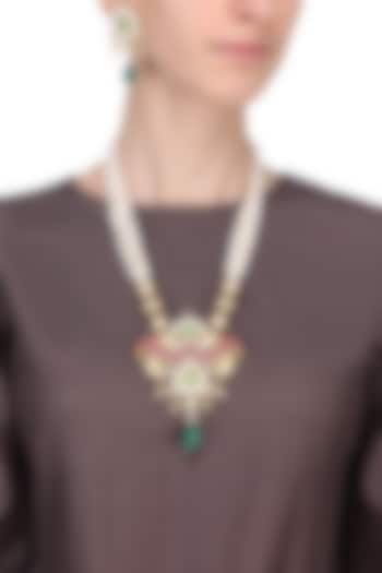 Gold Plated Pink and Green Stone Peacock Pendant Necklace With Earrings Set by Riana Jewellery