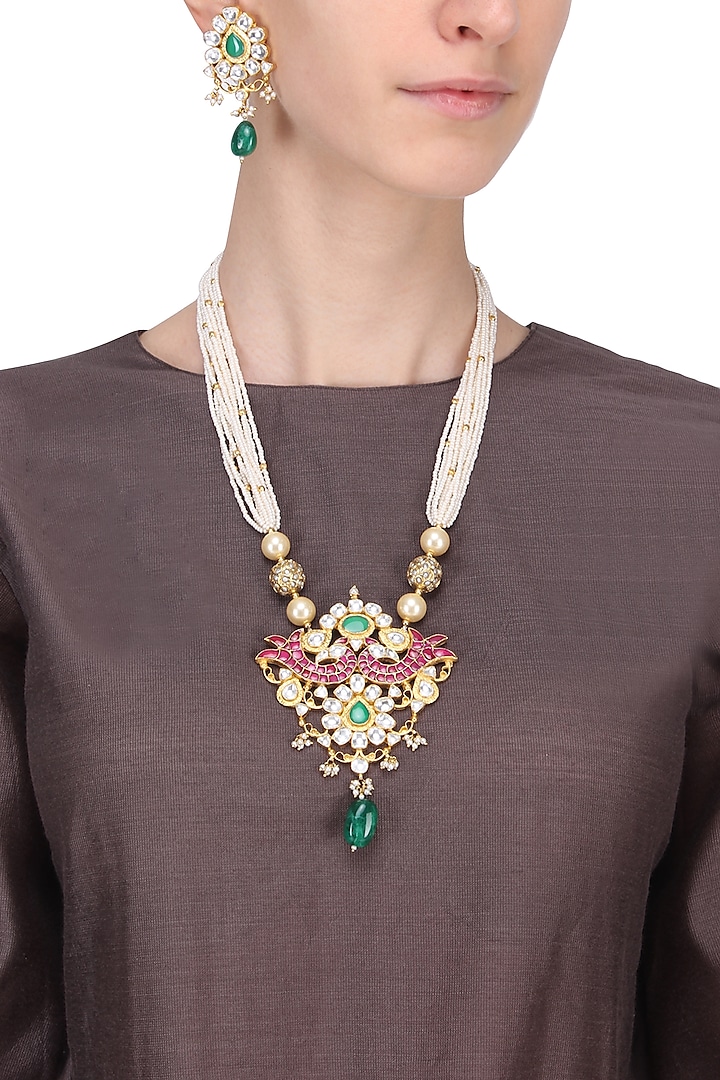 Gold Plated Pink and Green Stone Peacock Pendant Necklace With Earrings Set by Riana Jewellery
